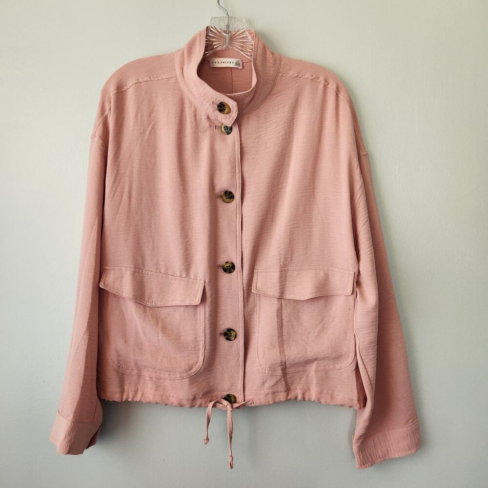 Retrology Drawstring Button Front Jacket Womens L Pink Crinkle Utility Inspired